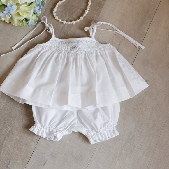 White Smocked Feltman Brothers Two Piece Set Blue Embroidery NWT - Picture 5 of 5